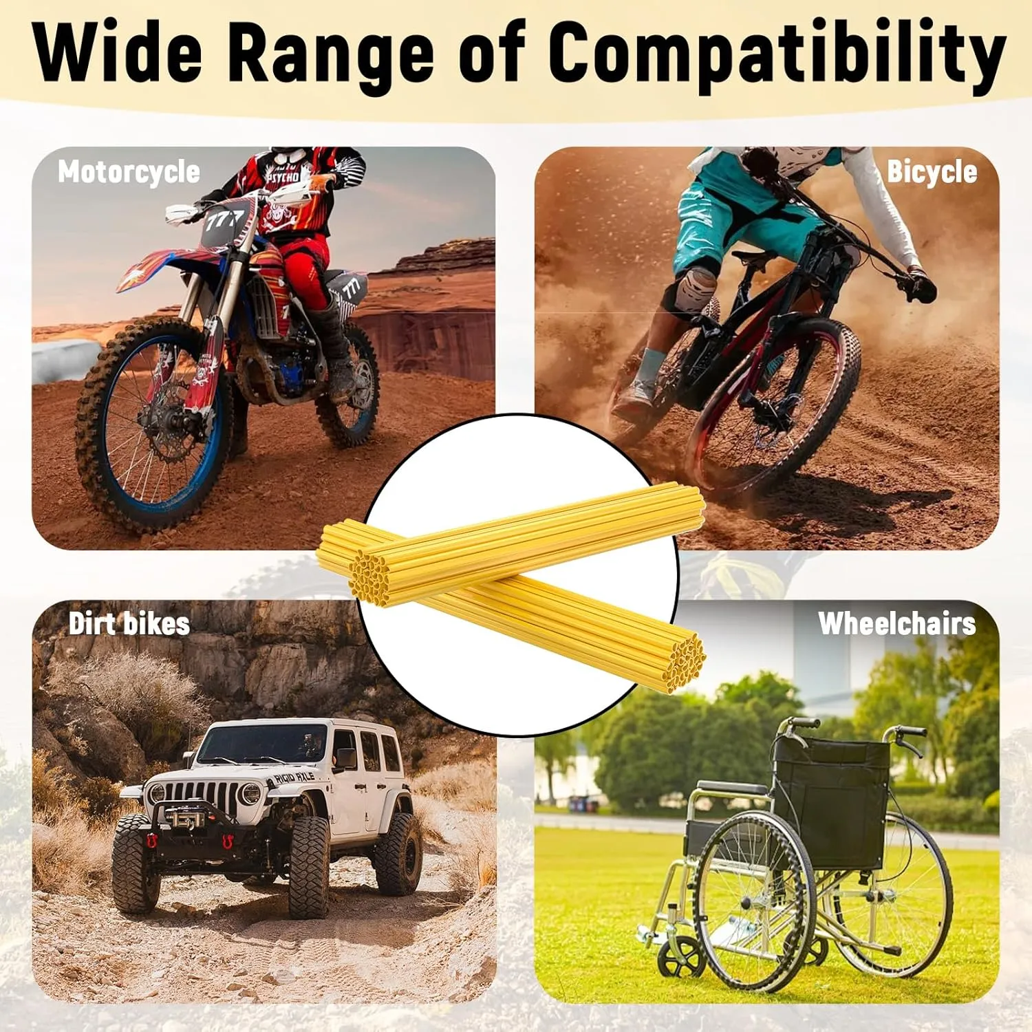 72 PCS Dirt Bike Spoke Covers, Wheel Spoke Wraps, Universal Spoke Skins Spoke Covers for 8-21 Inch Rims, Spoke Covers Decoration Protector for Dirt Bike, Wheelchair, Bicycle, Motorcycle (Yellow)