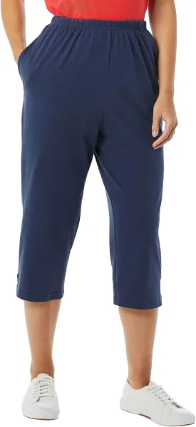 AmeriMark Womens Capri Pants - Full Elastic Waist Pedal Pushers - Ladies 100% Cotton Pull-On Cropped Pants - Side Pockets