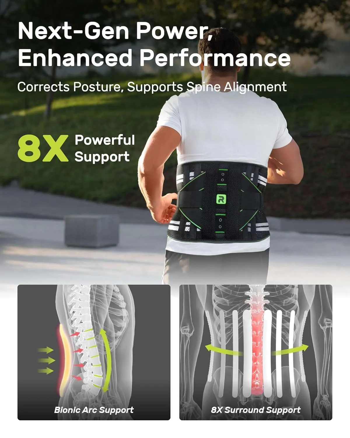 Back Brace for Lower Back Pain Relief, 8X Powerful Lumbar Support with 3D Pad, Support Belt for Men Women, Breathable Back Support Brace with Adjustable Strap, Green Size M (Waist: 33.5"-39.4")