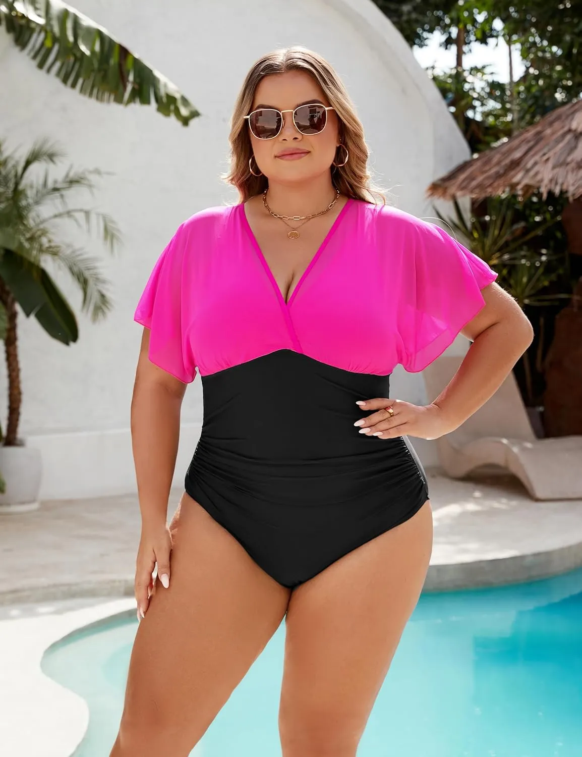 Blooming Jelly Women's Plus Size Swimsuit One Piece Bathing Suit Tummy Control Mesh V Neck Maternity Swimwear