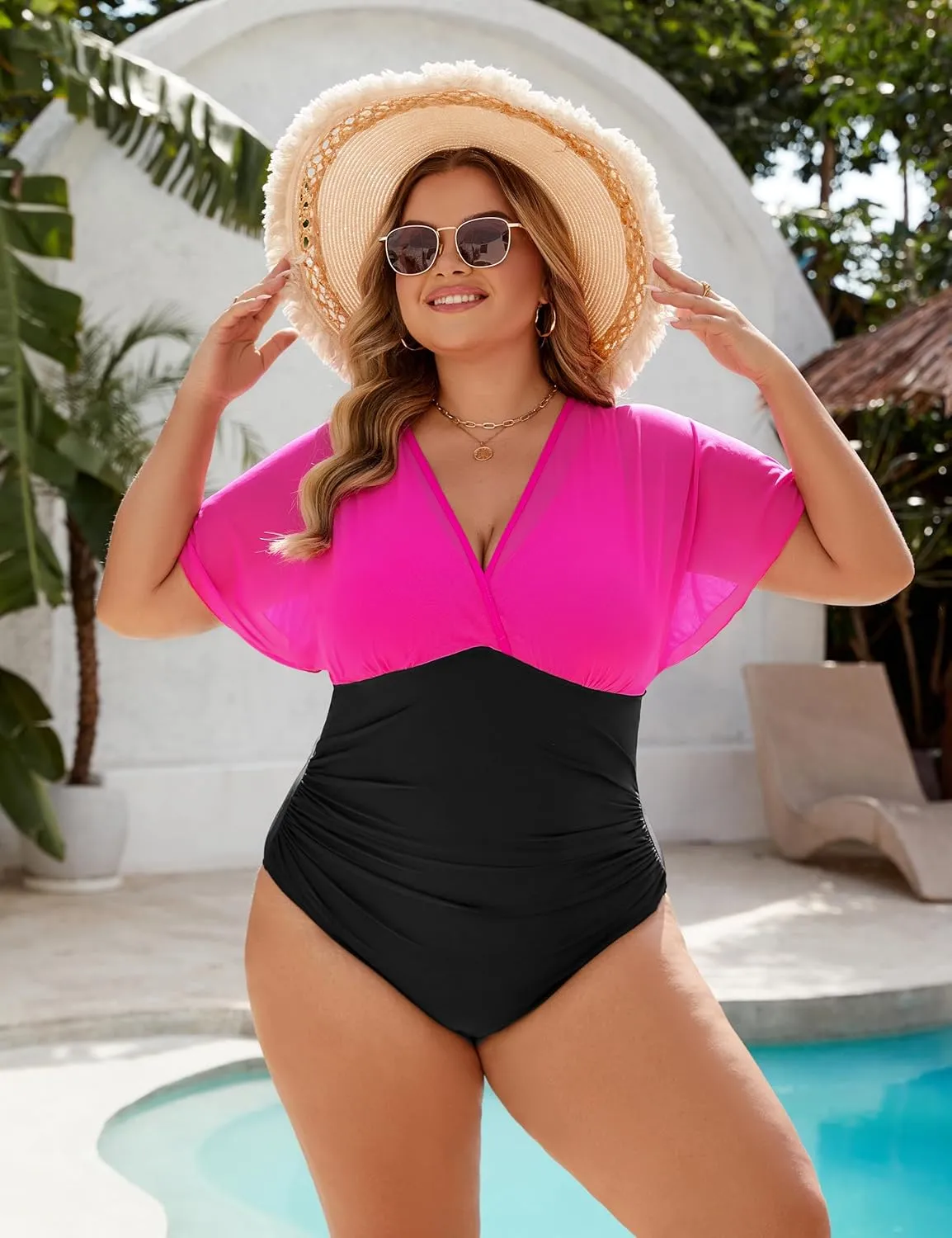 Blooming Jelly Women's Plus Size Swimsuit One Piece Bathing Suit Tummy Control Mesh V Neck Maternity Swimwear