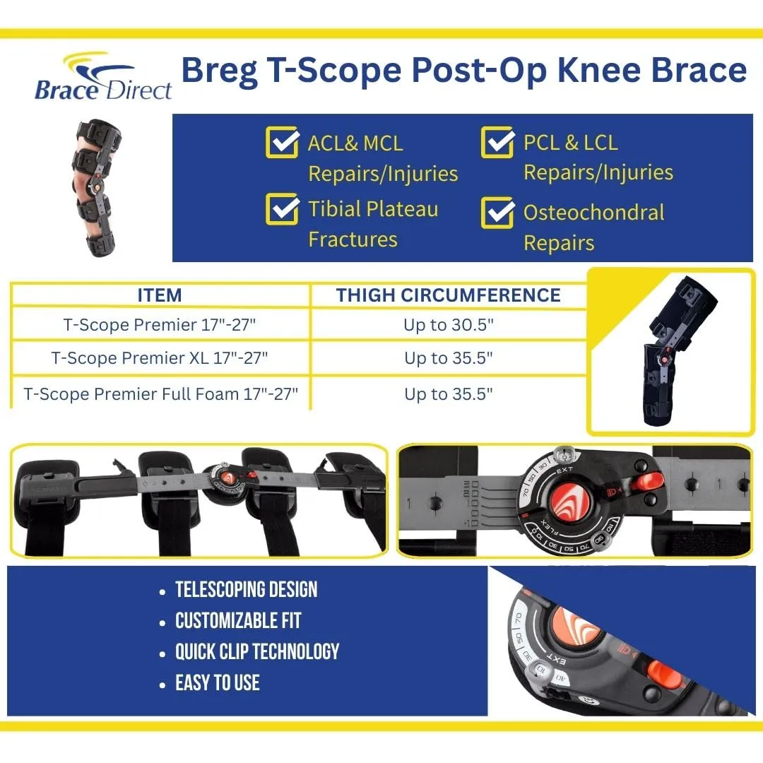 Brace Direct Breg T Scope Premier XL Full Foam Post-Op Knee Brace: Adjustable ROM Support for ACL PCL MCL Recovery L1833 L1832, Thigh up to 35.5 in
