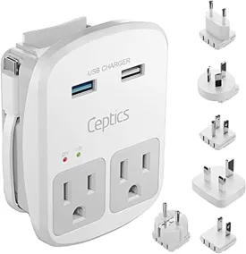 Ceptics Universal Travel Adapter Kit  2 USA sockets, 1x USB-A & C, 1x PD 35W Type C port and cable, Surge Protected, Plugs for EU, UK, China, AU, Japan - Use with Laptop, Phones, Cameras - ETL Tested
