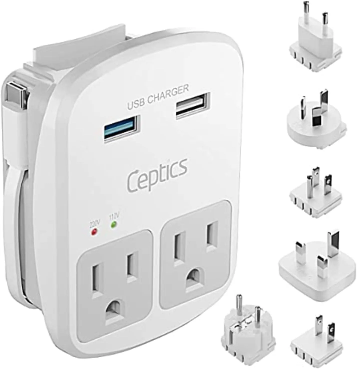 Ceptics Universal Travel Adapter Kit  2 USA sockets, 1x USB-A & C, 1x PD 35W Type C port and cable, Surge Protected, Plugs for EU, UK, China, AU, Japan - Use with Laptop, Phones, Cameras - ETL Tested