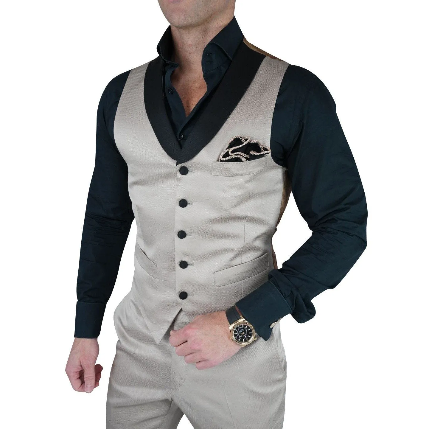 Champagne Oro and Black Lucentezza Ciottoli Waistcoat @ The Vault