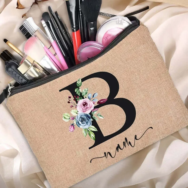 Customized Personalized Name Linen Cosmetic Bag Bridesmaid Clutch