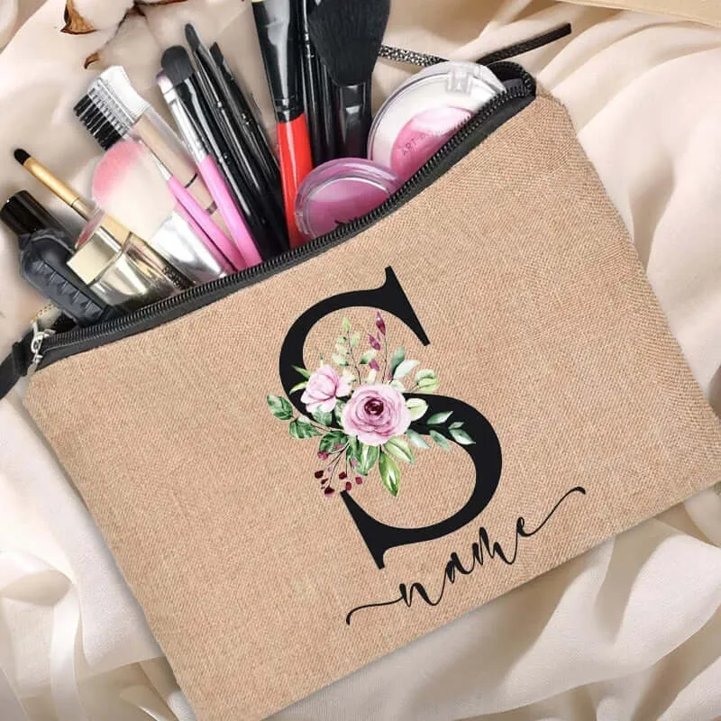 Customized Personalized Name Linen Cosmetic Bag Bridesmaid Clutch