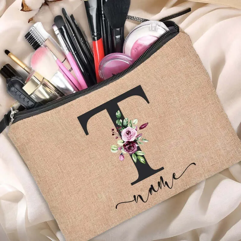 Customized Personalized Name Linen Cosmetic Bag Bridesmaid Clutch