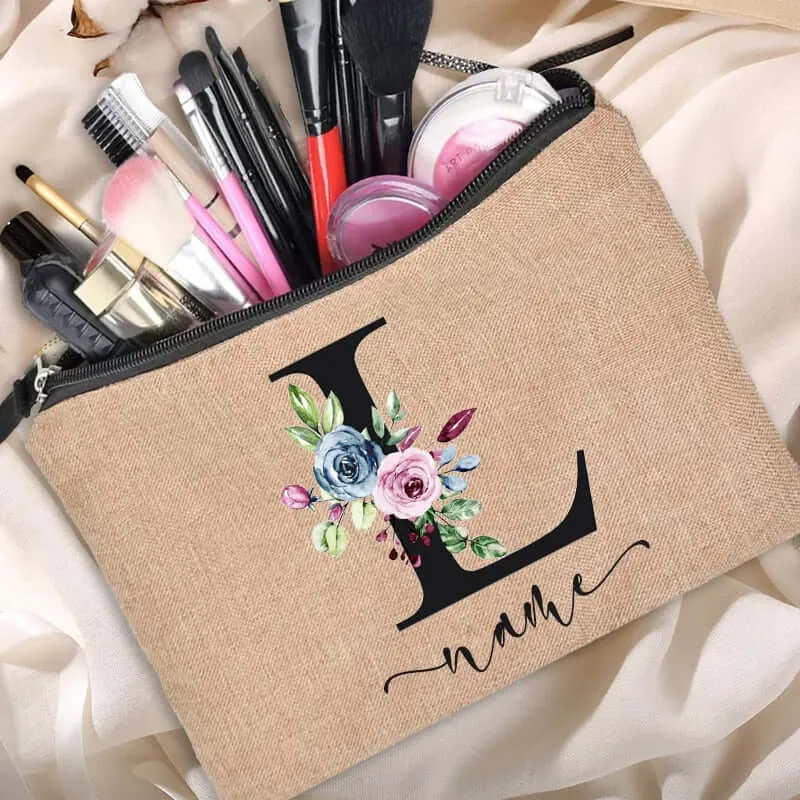 Customized Personalized Name Linen Cosmetic Bag Bridesmaid Clutch