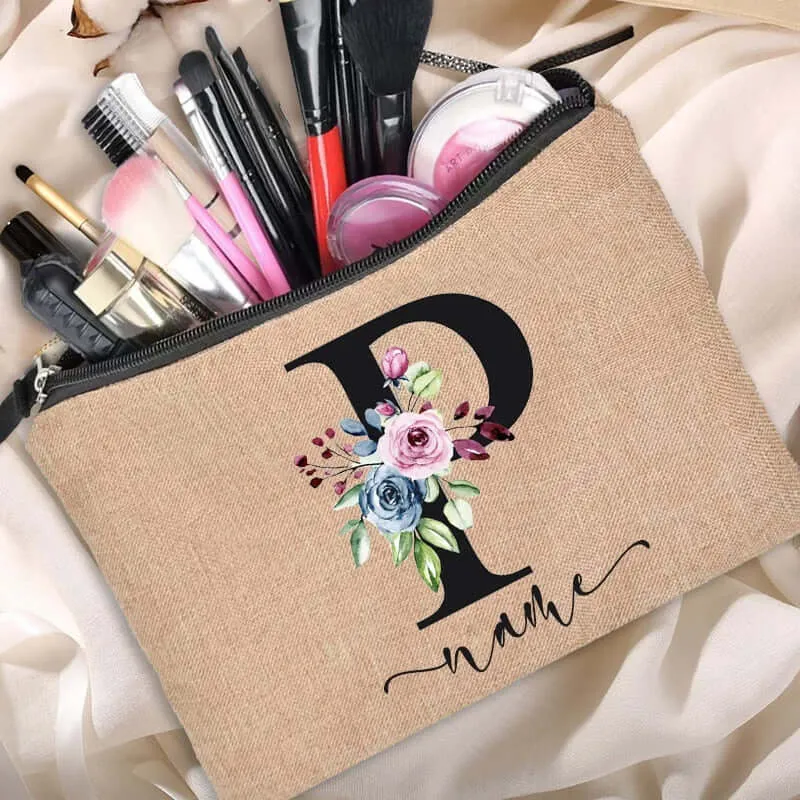 Customized Personalized Name Linen Cosmetic Bag Bridesmaid Clutch