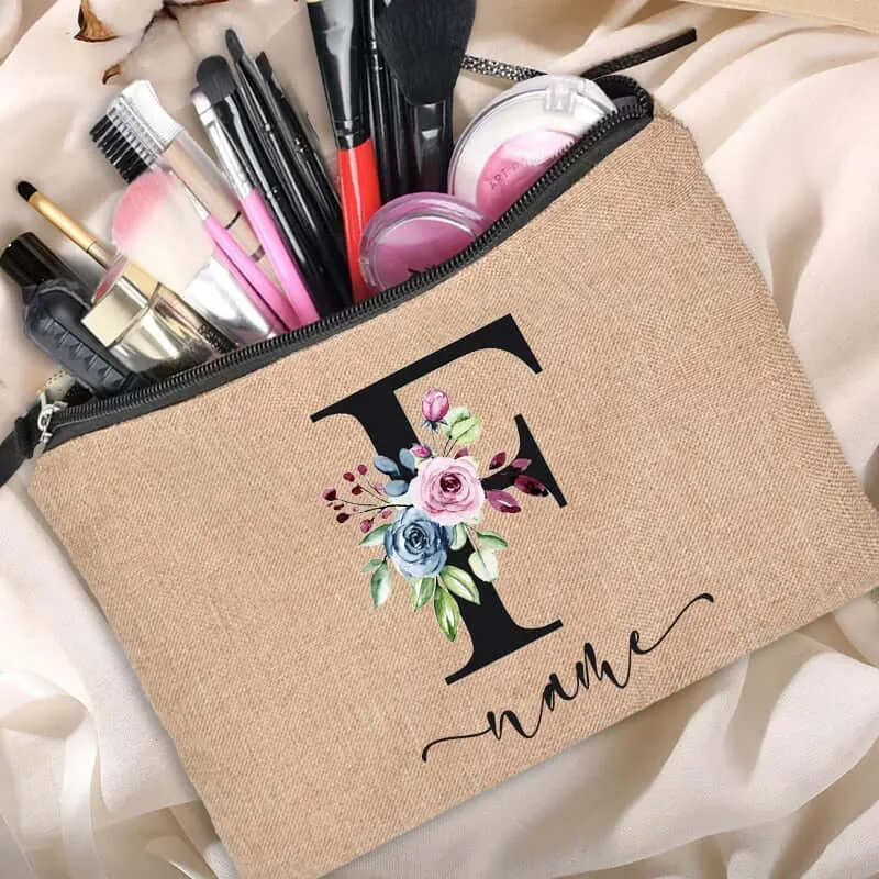 Customized Personalized Name Linen Cosmetic Bag Bridesmaid Clutch