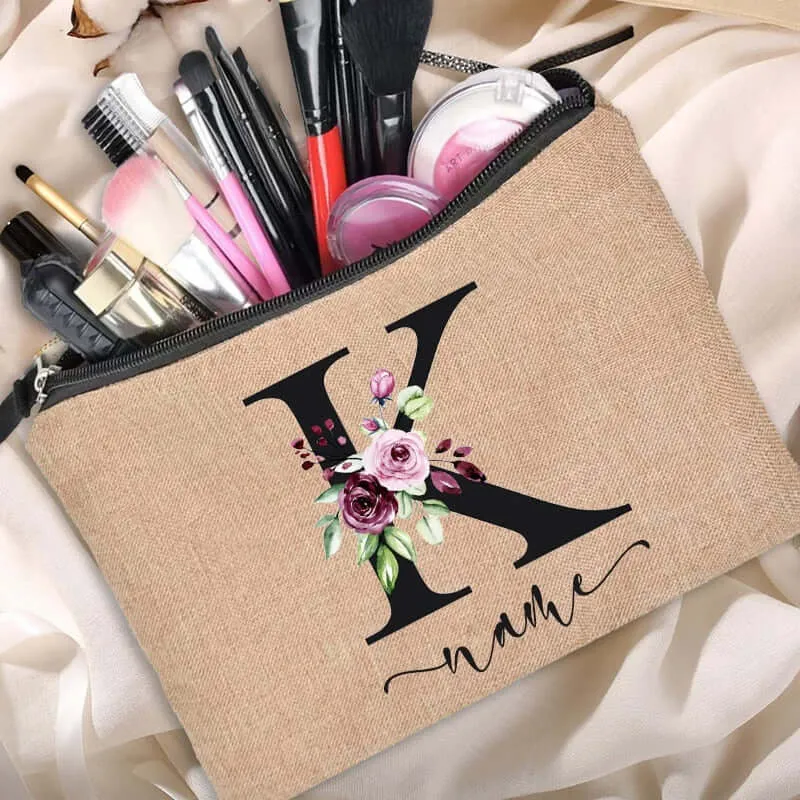 Customized Personalized Name Linen Cosmetic Bag Bridesmaid Clutch