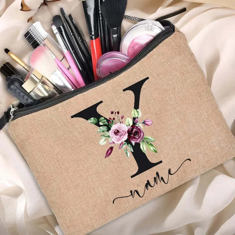 Customized Personalized Name Linen Cosmetic Bag Bridesmaid Clutch