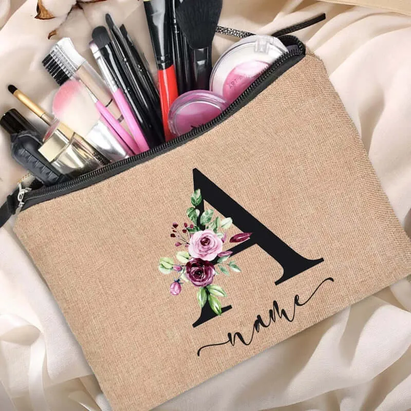 Customized Personalized Name Linen Cosmetic Bag Bridesmaid Clutch