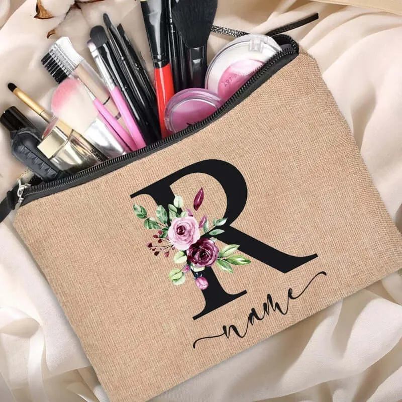 Customized Personalized Name Linen Cosmetic Bag Bridesmaid Clutch