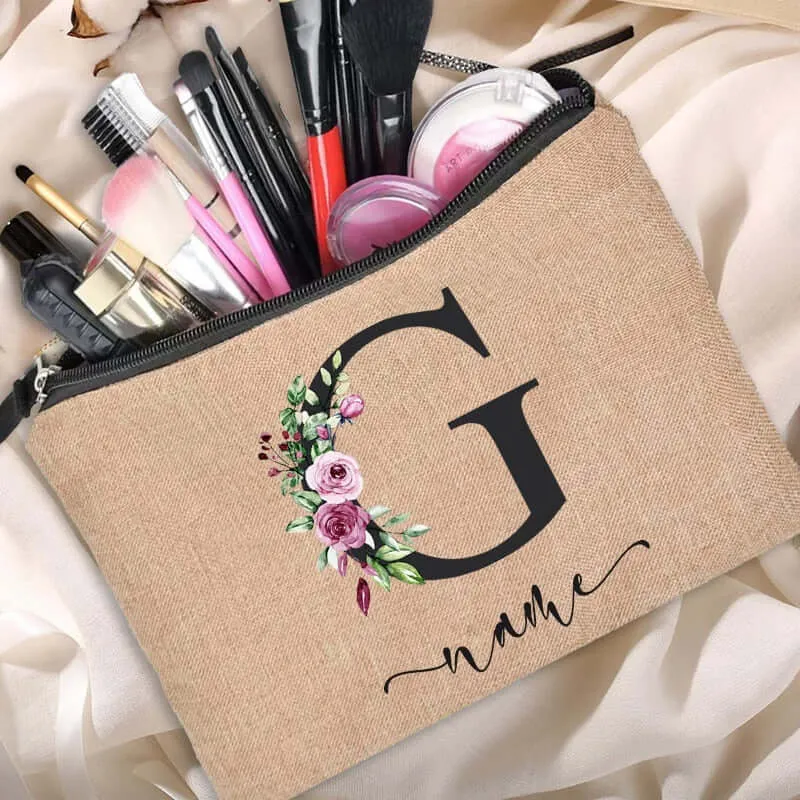 Customized Personalized Name Linen Cosmetic Bag Bridesmaid Clutch
