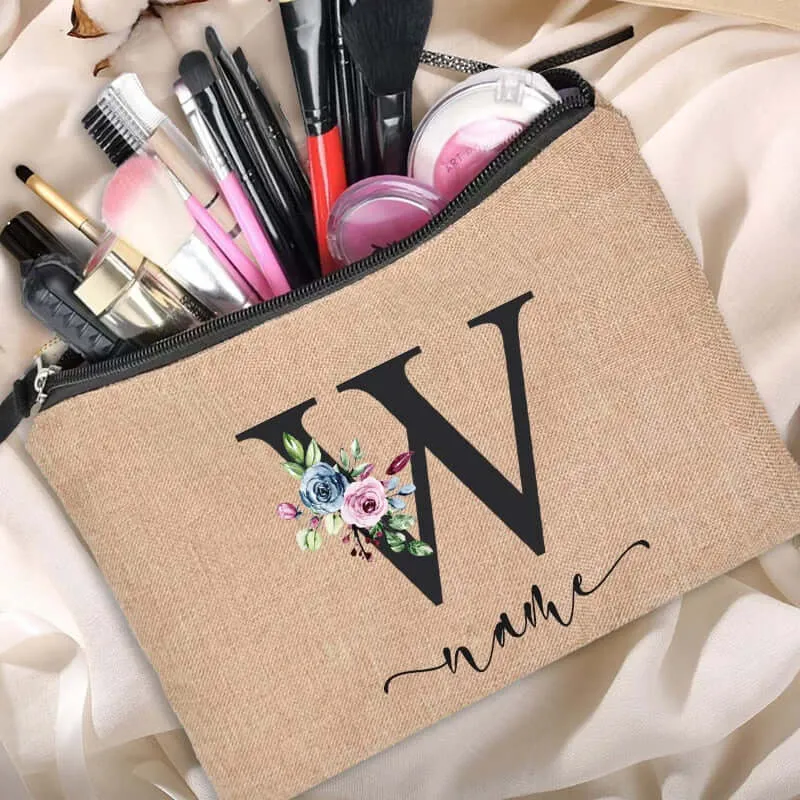 Customized Personalized Name Linen Cosmetic Bag Bridesmaid Clutch