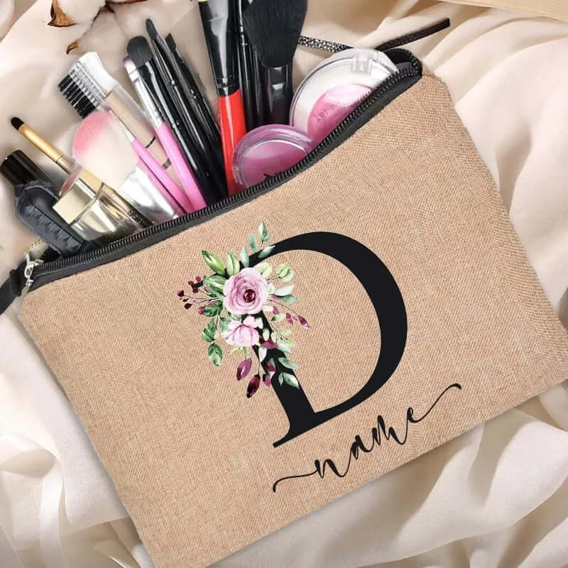 Customized Personalized Name Linen Cosmetic Bag Bridesmaid Clutch