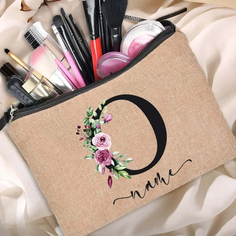 Customized Personalized Name Linen Cosmetic Bag Bridesmaid Clutch