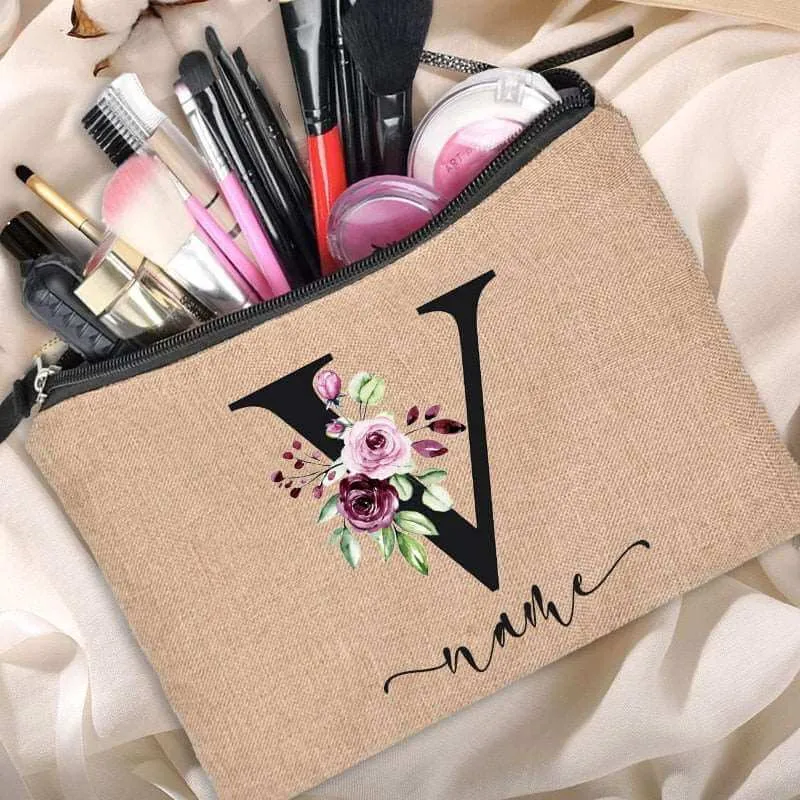 Customized Personalized Name Linen Cosmetic Bag Bridesmaid Clutch