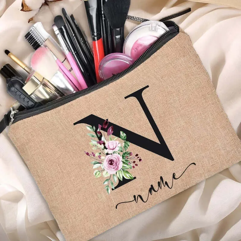 Customized Personalized Name Linen Cosmetic Bag Bridesmaid Clutch