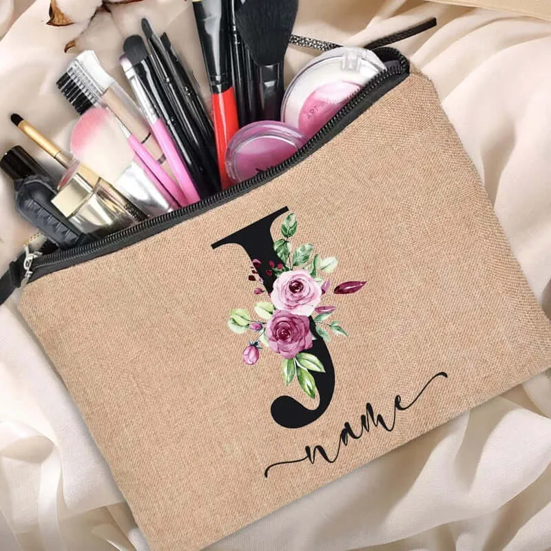 Customized Personalized Name Linen Cosmetic Bag Bridesmaid Clutch