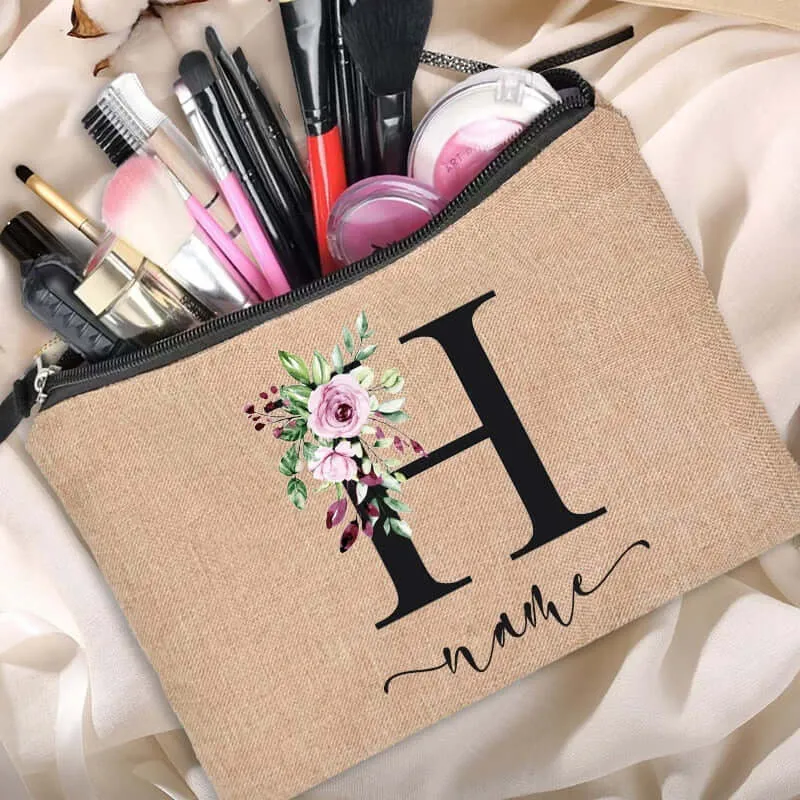 Customized Personalized Name Linen Cosmetic Bag Bridesmaid Clutch
