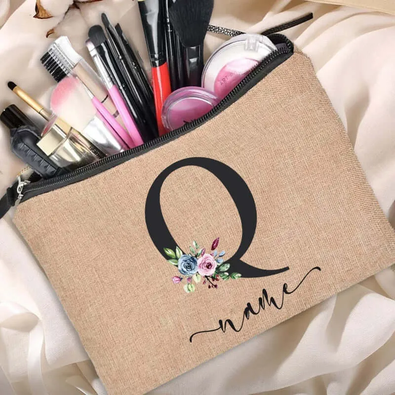 Customized Personalized Name Linen Cosmetic Bag Bridesmaid Clutch