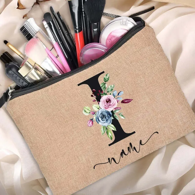 Customized Personalized Name Linen Cosmetic Bag Bridesmaid Clutch