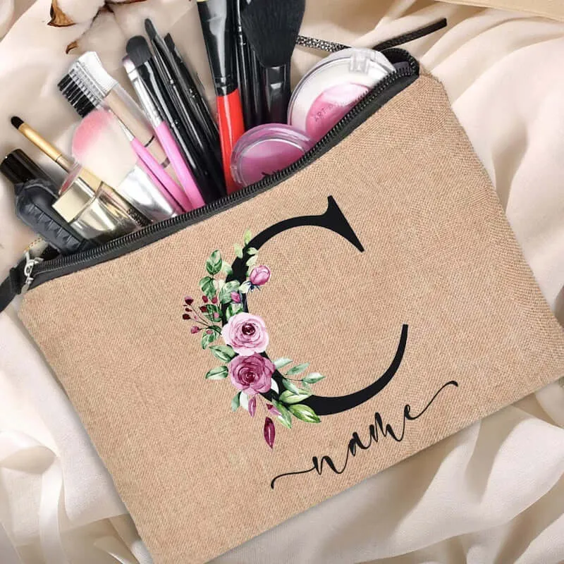 Customized Personalized Name Linen Cosmetic Bag Bridesmaid Clutch