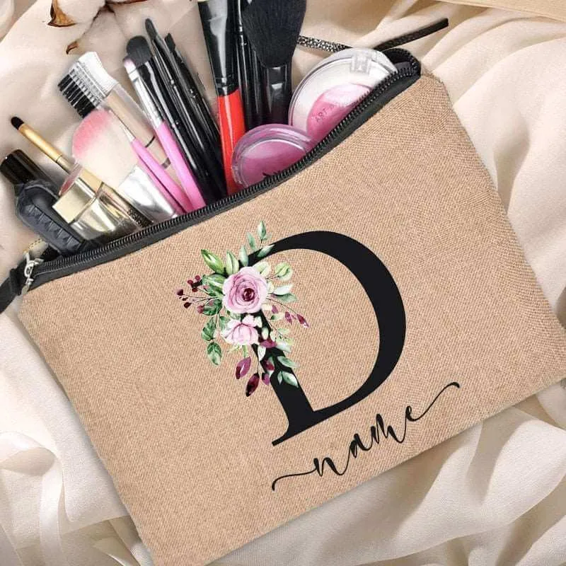 Customized Personalized Name Linen Cosmetic Bag Bridesmaid Clutch