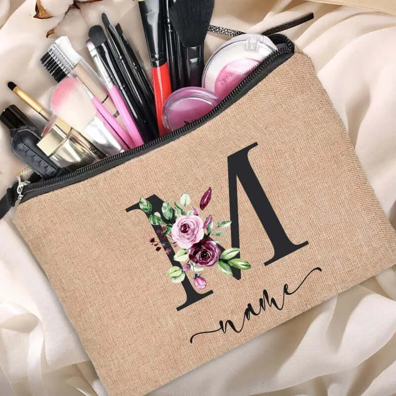 Customized Personalized Name Linen Cosmetic Bag Bridesmaid Clutch