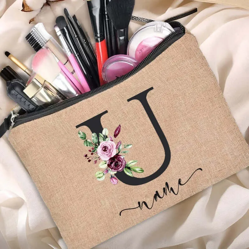 Customized Personalized Name Linen Cosmetic Bag Bridesmaid Clutch