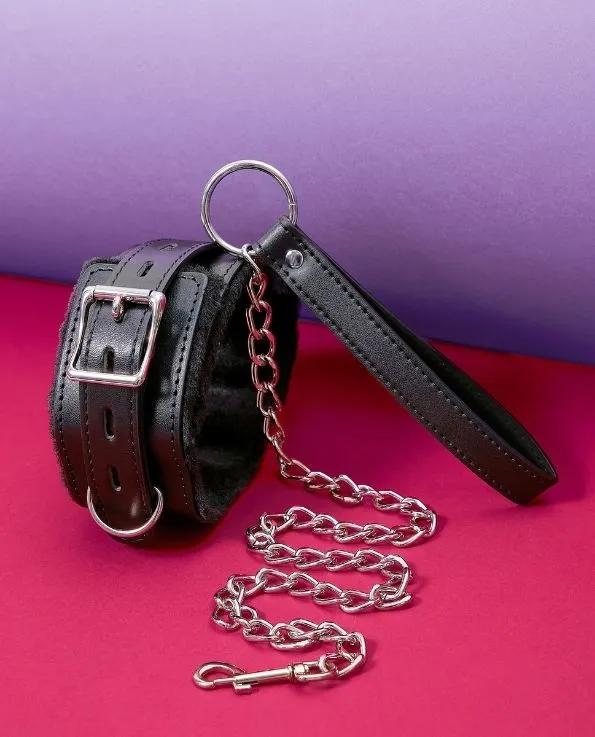 Furry Leather Collar with Leash Bundle