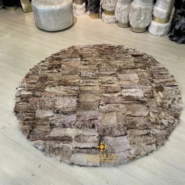 Genuine Natural Brown Round Sheepskin Handmade Modern Round Office Rug