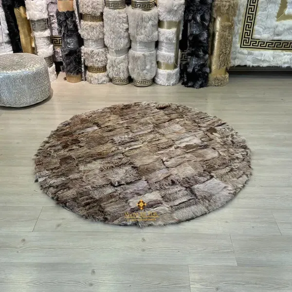 Genuine Natural Brown Round Sheepskin Handmade Modern Round Office Rug