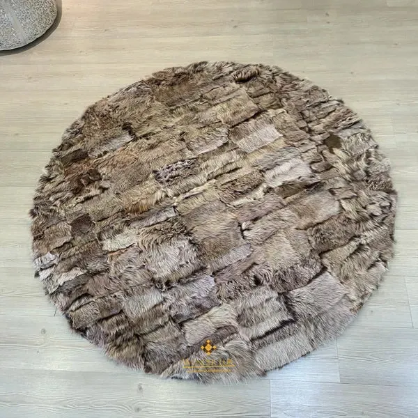 Genuine Natural Brown Round Sheepskin Handmade Modern Round Office Rug