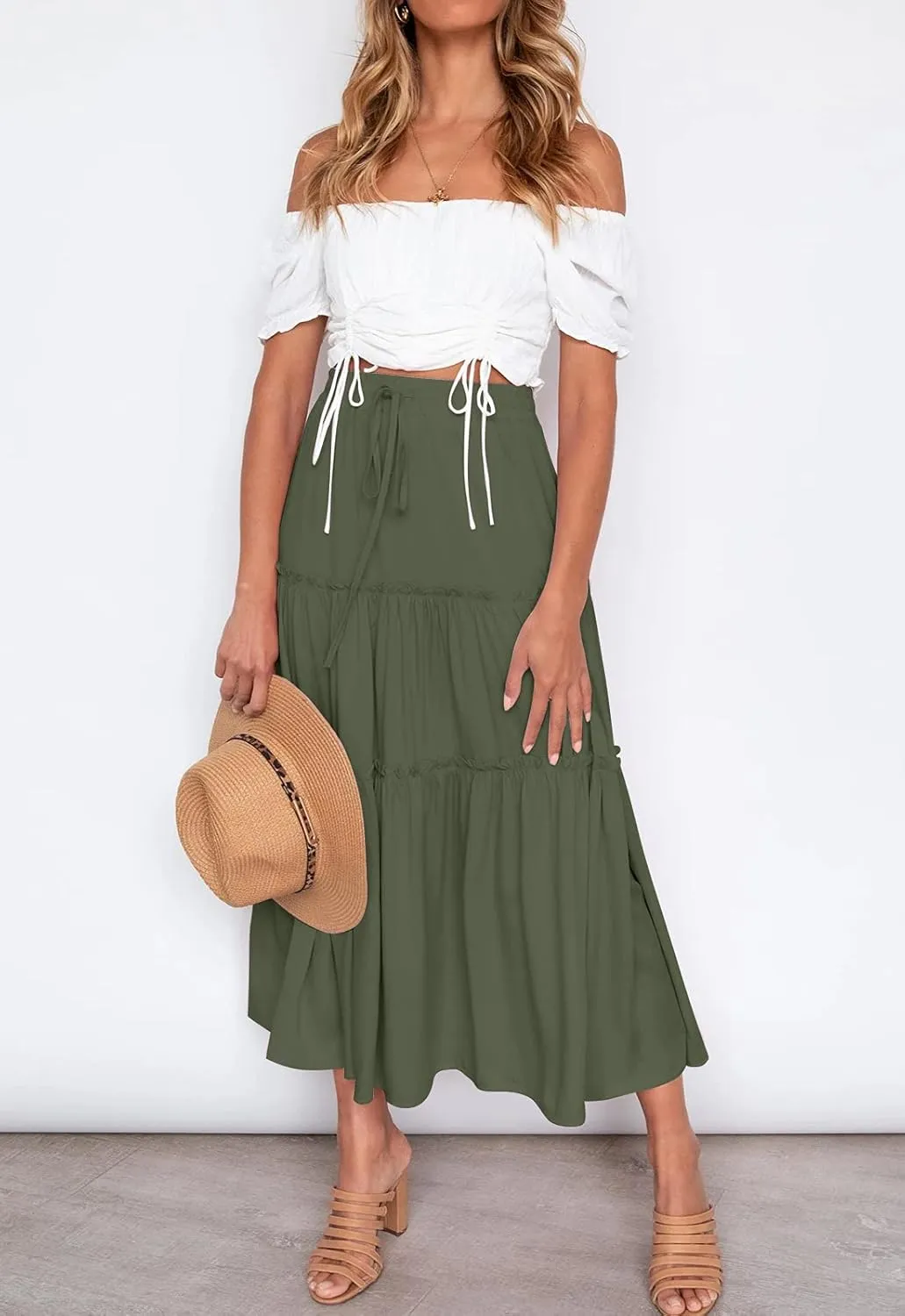 HAEOF Womens Summer Flowy Boho Midi Maxi Skirt Elastic High Waist A Line Pleated Tiered Trendy Beach Long Skirts with Pockets