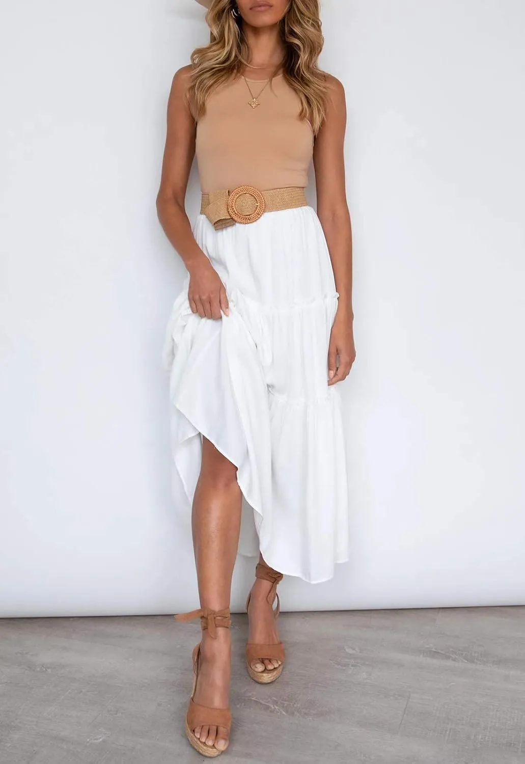 HAEOF Womens Summer Flowy Boho Midi Maxi Skirt Elastic High Waist A Line Pleated Tiered Trendy Beach Long Skirts with Pockets
