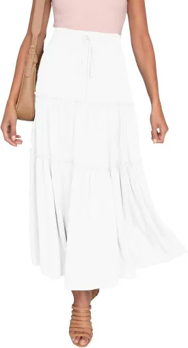 HAEOF Womens Summer Flowy Boho Midi Maxi Skirt Elastic High Waist A Line Pleated Tiered Trendy Beach Long Skirts with Pockets