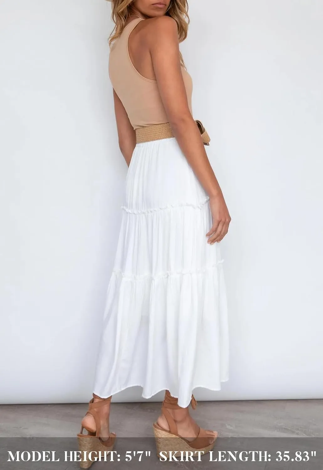 HAEOF Womens Summer Flowy Boho Midi Maxi Skirt Elastic High Waist A Line Pleated Tiered Trendy Beach Long Skirts with Pockets