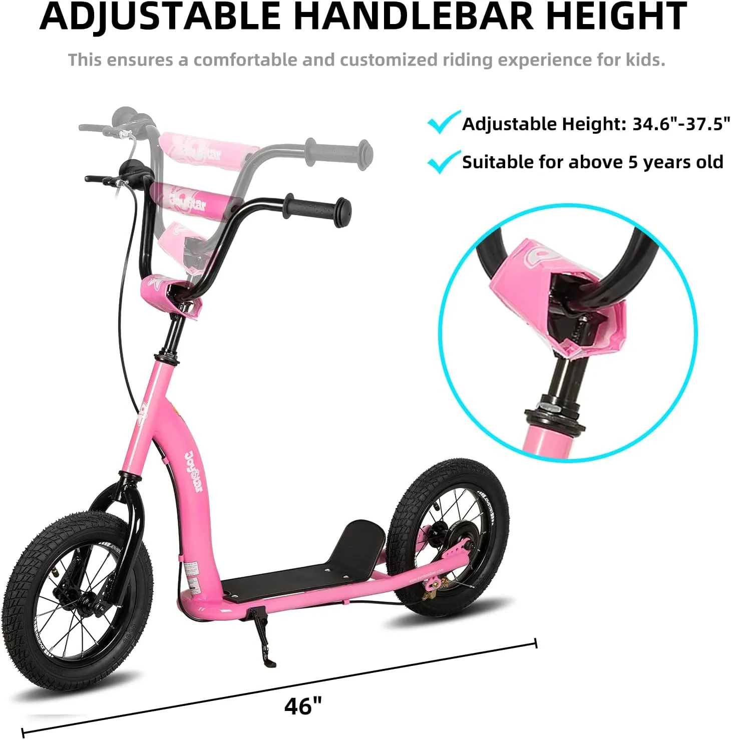 JOYSTAR Kick Scooter for Kids 5  Teens & Youth, Lightweight Kids Scooter with Adjustable Handlebar, 2 Wheel Scooter for Boys & Girls, 12" Inflatable Wheels Rear Drum Brakes