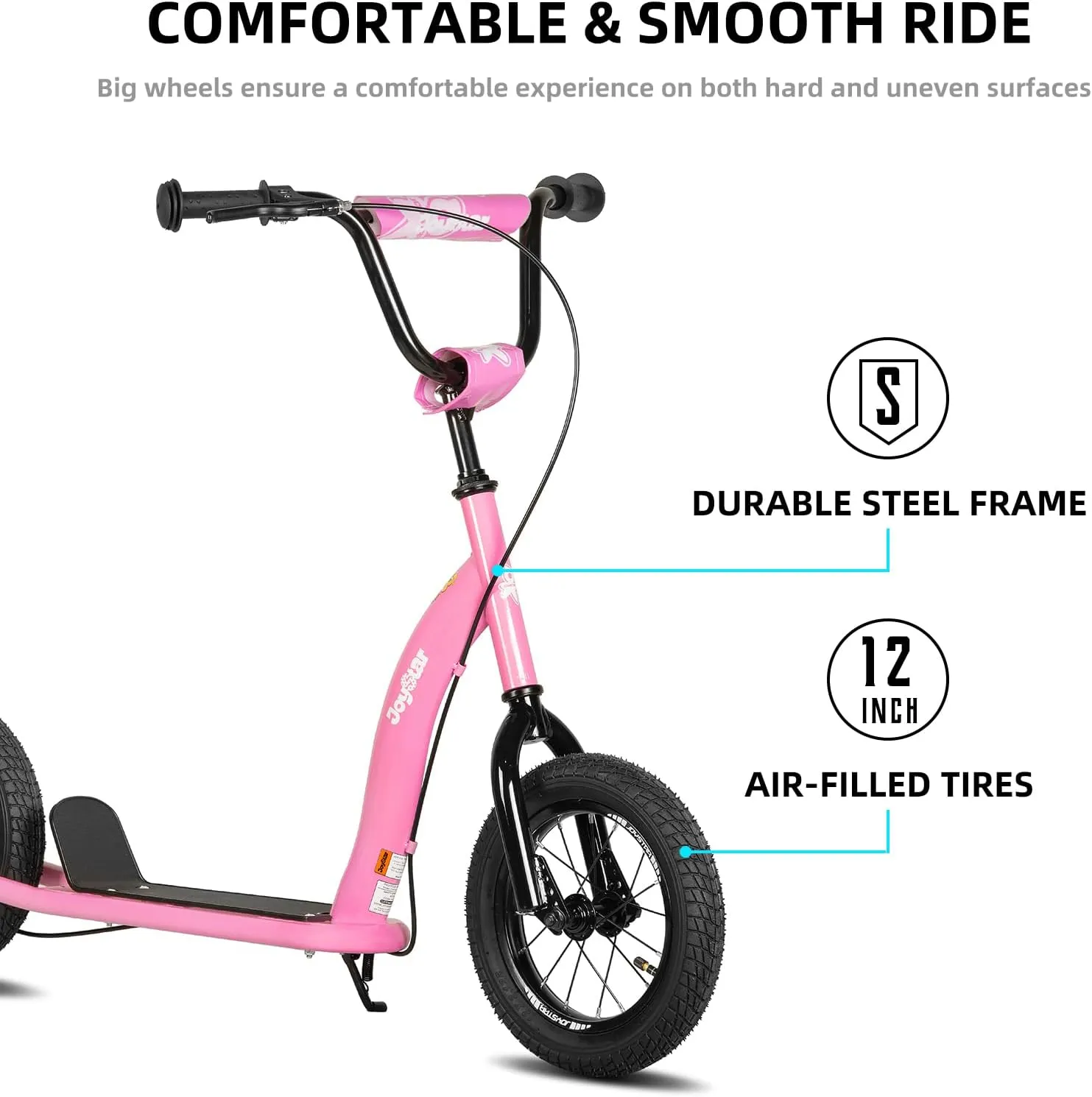 JOYSTAR Kick Scooter for Kids 5  Teens & Youth, Lightweight Kids Scooter with Adjustable Handlebar, 2 Wheel Scooter for Boys & Girls, 12" Inflatable Wheels Rear Drum Brakes