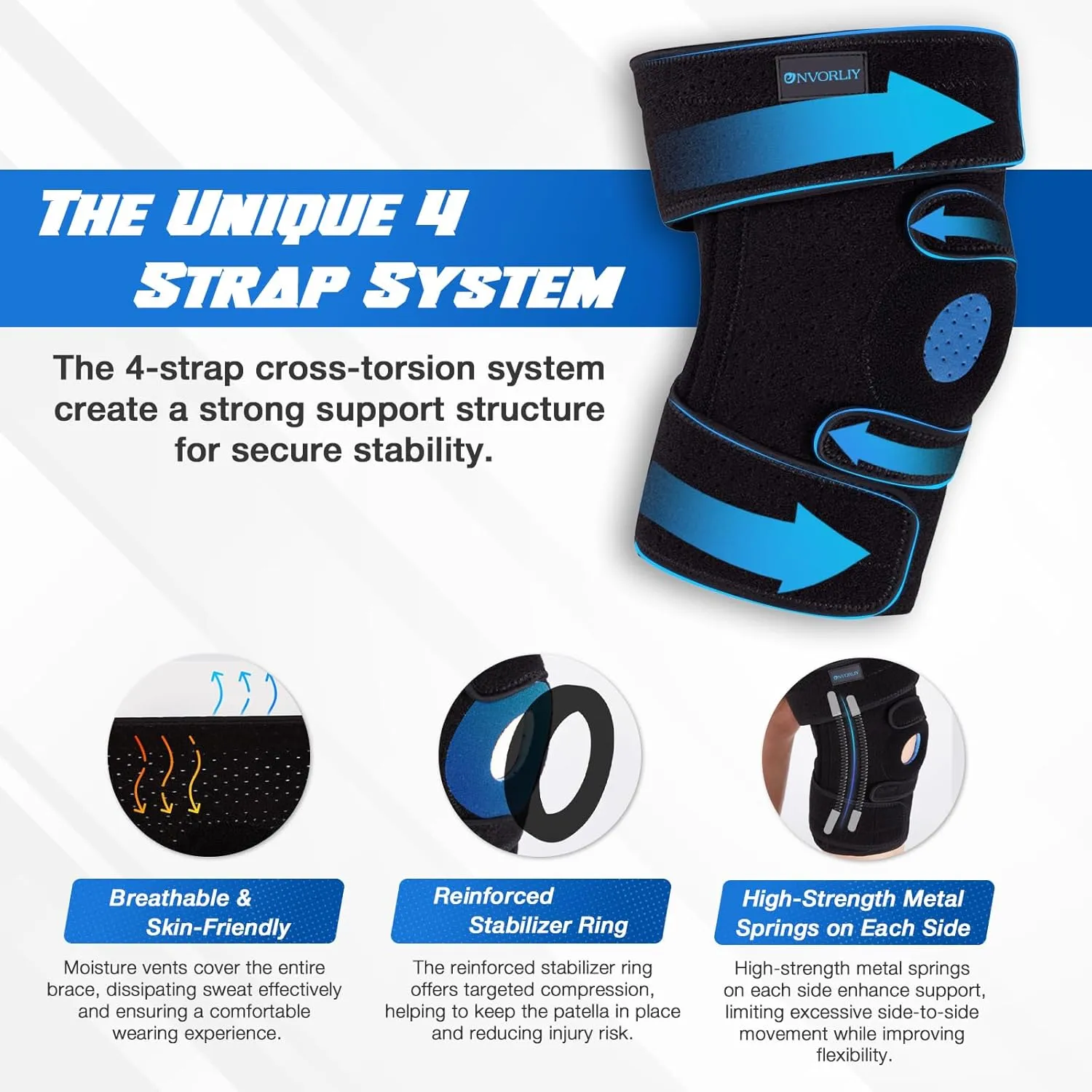 Nvorliy Plus Size Knee Brace for Knee Pain, Extra Large Knee Brace for Women and Men, Adjustable Knee Support with Side Stabilizers for Knee Pain Relief, Arthritis, ACL, LCL, MCL, Injury Recovery