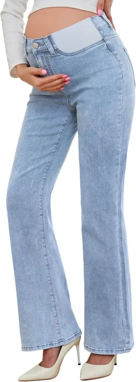 PACBREEZE Women's Maternity Flare Jeans Mid-Rise Stretchy Bell Bootcut Jeans Denim Pregnancy Pants, S-XXL