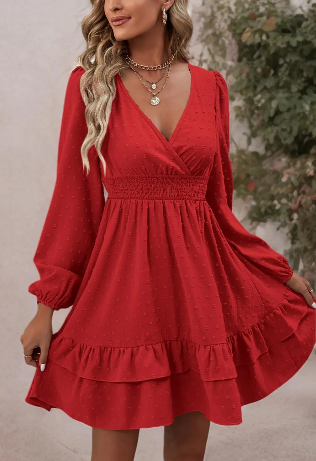 Rooscier Women's Wrap V Neck Swing Ruffle Swiss Dots Long Sleeve Mini Dress