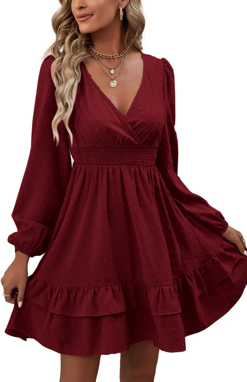Rooscier Women's Wrap V Neck Swing Ruffle Swiss Dots Long Sleeve Mini Dress