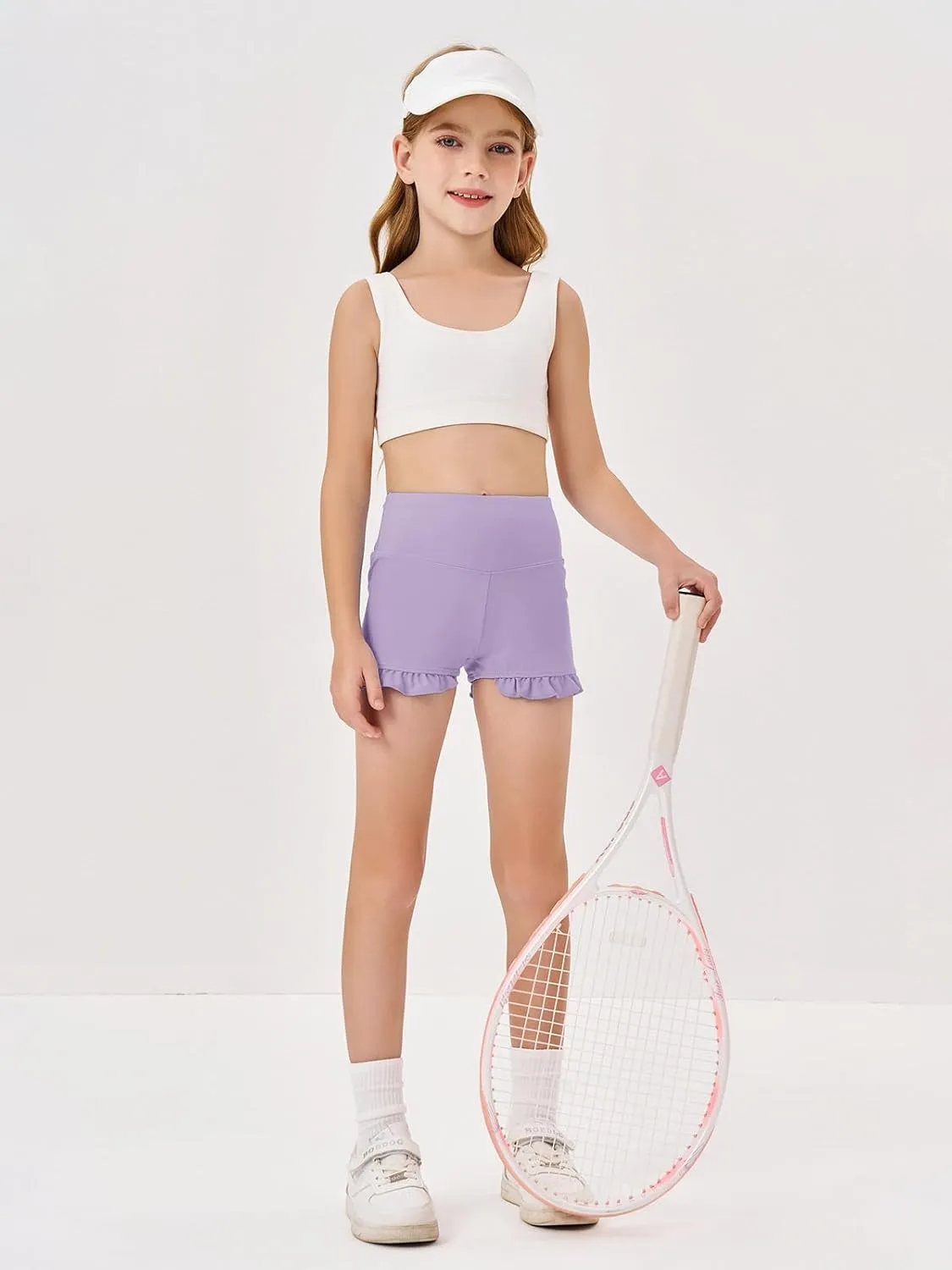 RRHSS Girls Athletic High Waisted Ruffle Shorts - Comfy Yoga Dance Workout Gymnastics