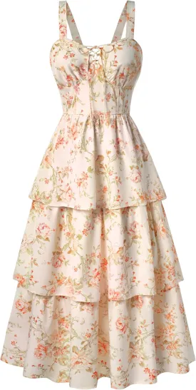 Scarlet Darkness Women's Floral Maxi Dress Summer Wedding Guest Dress Tiered Sleeveless Lace Up Corset Sundress
