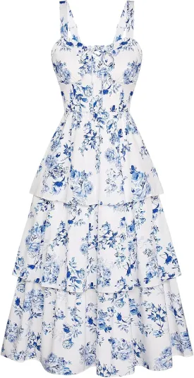 Scarlet Darkness Women's Floral Maxi Dress Summer Wedding Guest Dress Tiered Sleeveless Lace Up Corset Sundress